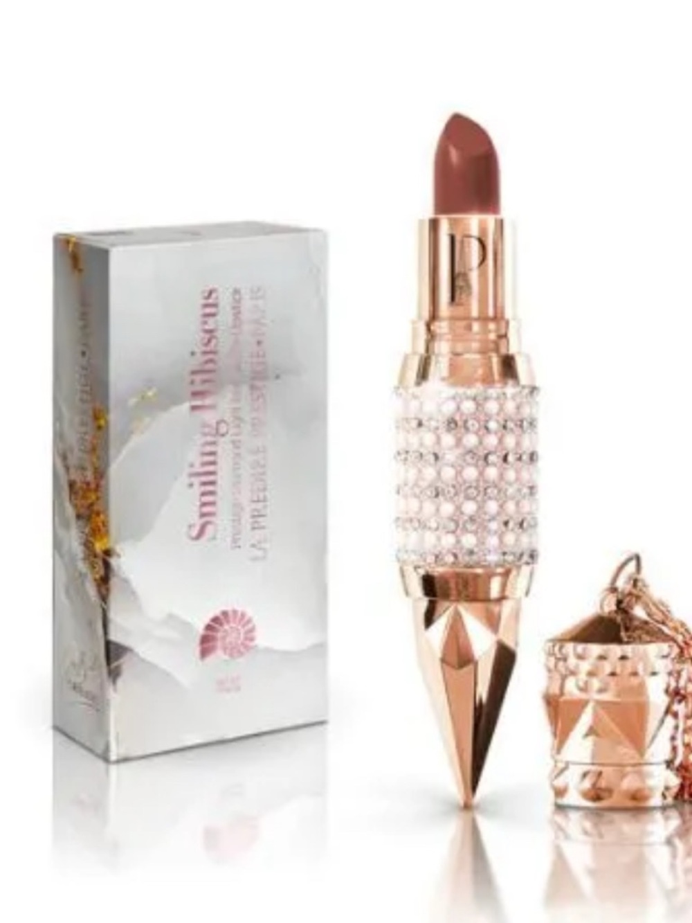 $180 Retail Smiling Hibiscus Rose Matte Lipstick – Studded Pave Crystal